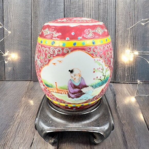 Republic Of China Porcelain Ginger Jar Canister Container Wood Stand Marked VTG - Picture 2 of 16